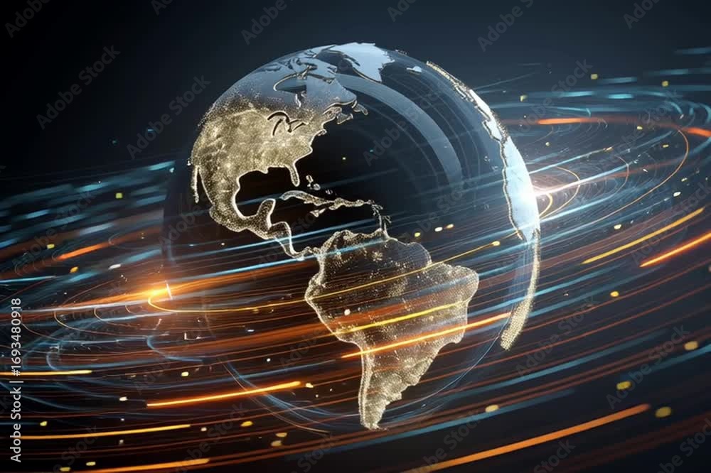 Wall mural digital earth globe surrounded by glowing data streams, symbolizing global connectivity and the spee