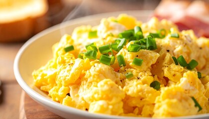 Scrambled eggs on white plate 