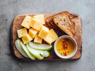 Wooden board with cubed and sliced cheese, green apple slices, toasted bread, and a bowl of chili-infused olive oil for dipping.
