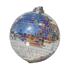 A Reflective Disco Ball Made Of Numerous Small Mirrored Squares Suspended Against A Transparent Background