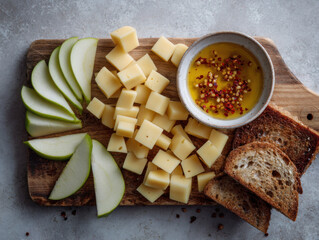 Wooden board with cubed and sliced cheese, green apple slices, toasted bread, and a bowl of chili-infused olive oil for dipping.
