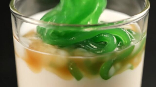 Refreshing Cendol Dessert with Green Jelly Noodles, Coconut Milk, and Palm Sugar A Sweet Tropical Treat