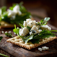 Close-up of a crispbread topped with creamy ricotta cheese and fresh arugula, garnished with herbs and olive oil.
