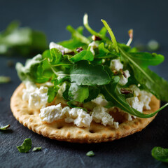 Close-up of a crispbread topped with creamy ricotta cheese and fresh arugula, garnished with herbs and olive oil.
