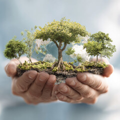 A pair of hands gently holds a small piece of earth with trees growing on it, symbolizing environmental care and global sustainability.
