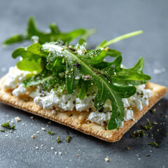 Close-up of a crispbread topped with creamy ricotta cheese and fresh arugula, garnished with herbs and olive oil.
