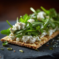 Close-up of a crispbread topped with creamy ricotta cheese and fresh arugula, garnished with herbs and olive oil.
