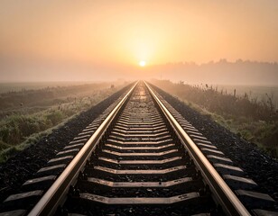 Railway tracks leading into sunrise horizon with misty landscape, symbolizing journey and travel.