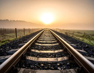 Long railway tracks fading into misty sunrise, symbol of travel, transport, and endless journey.