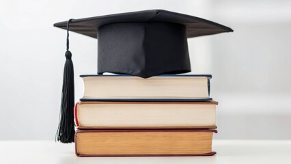 A graduation cap rests atop a stack of books, symbolizing education and achievement.