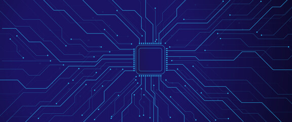 AI chip on a dark blue technology background. Computer processor. Abstract polygonal microchip.