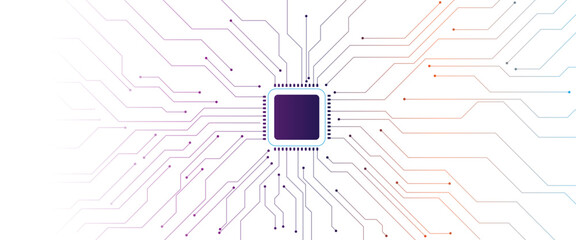 AI chip glows bright white and pink neon light. Tech background. Circuit board layout