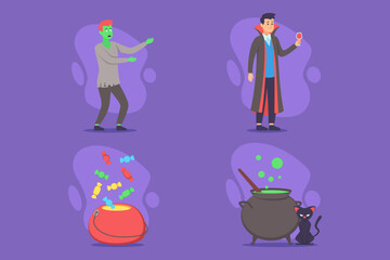 Colorful characters partaking in Halloween celebration. Zombie moving playfully while vampire raising glass. Cauldron steaming near black cat, adding festive charm to e collection