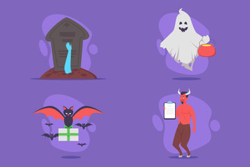 Obraz premium Vibrant collection of Halloween festivities, featuring ghost, grave, bat, and devil. Each character embodying playful spirit of party atmosphere