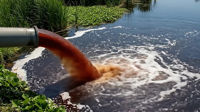 A large pipe discharges murky red-brown water into a pond, creating white foam swirls