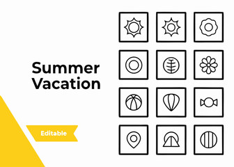 Summer Vacation Icon Set with Sun Flower Beach Ball and Tent summer vacation icons