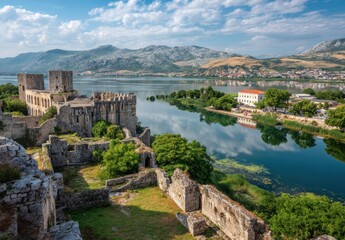 Fototapeta premium Stone Castle Ruins Overlooking Serene Lake and Mountains