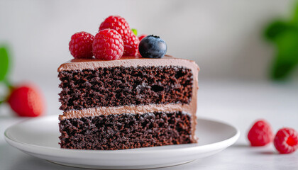 Slice of chocolate cake with creamy frosting and decorative berries on top