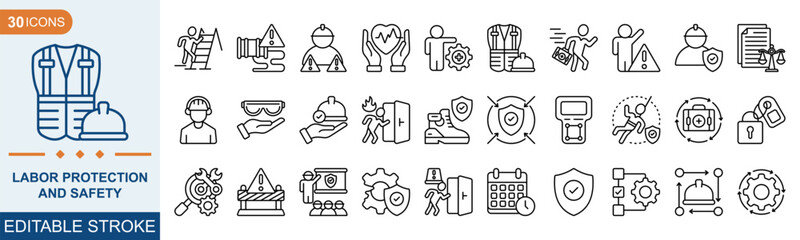 Labor protection and safety Outline Vector Icon Collection. A set of outline icons related to Insurance, Fire exit, Notification, Safety signs, Overalls and more. Editable stroke. Vector illustration
