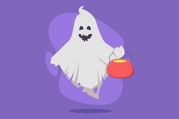 Playful ghost character against purple background, cheerfully holding candy bucket. Halloween celebrations and festivities concept