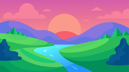 Obraz premium Landscape with river and sunset backdrop