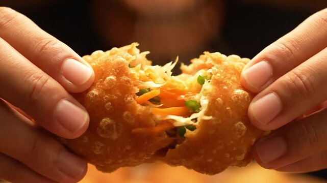 Close-up of hands holding a freshly fried, golden-brown pastry, revealing a colorful, savory vegetable filling, perfect for a delicious snack or appetizer