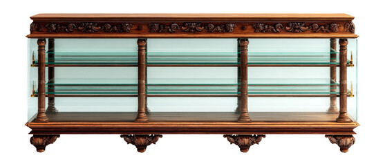 Elegant Antique Wooden Display Cabinet with Glass Shelves Isolated on Transparent Background