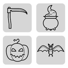 Collection of Halloween icons including scythe, cauldron with bubbling potion, carved pumpkin, and flying bat, perfect for party decorations and festival themes