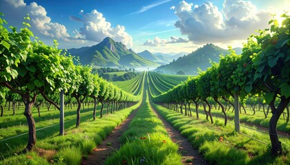 Fototapeta premium A sprawling vineyard stretches across a landscape, bathed in the soft light of sunrise, with rolling hills rising in the background.