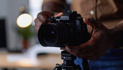 Close up shot of camera on tripod with copy space for text