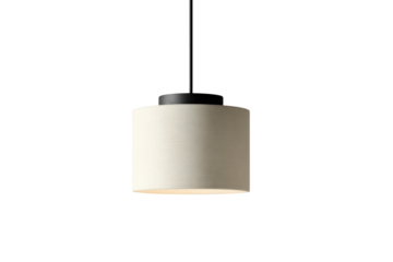 Modern cylindrical pendant lamp hanging isolated on white.