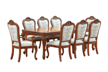 Elegant wooden dining room table with eight upholstered chairs isolated.