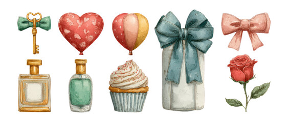 Colorful Illustrated Objects with Heart Balloons, Cakes, and Bows on Transparent Background