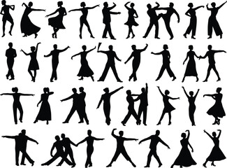 Dance silhouettes, expressive movement, couple poses, dynamic stances, artistic gesture, ballet and ballroom, vector art, flat design, rhythm scene, flat vector illustration