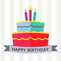 Colorful two tiered birthday cake with candles and happy birthday banner