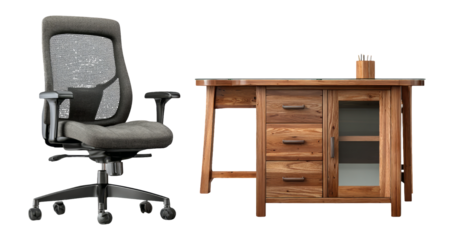 Modern Ergonomic Chair and Stylish Wooden Desk with Drawers on Transparent Background