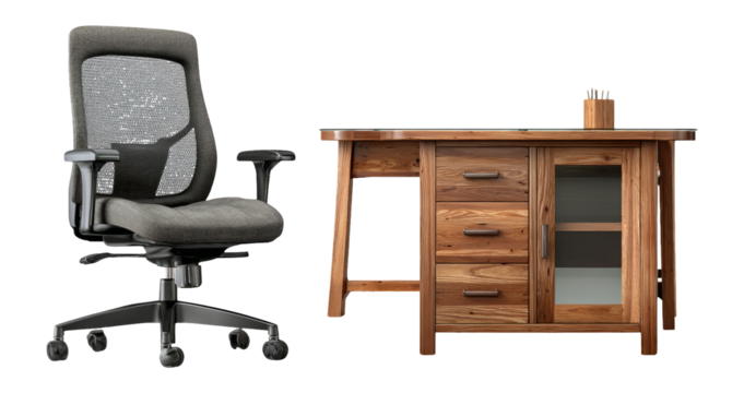 Modern Ergonomic Chair and Stylish Wooden Desk with Drawers on Transparent Background