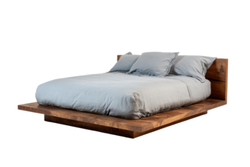 Stylish minimalist wooden platform bed with comfortable bedding isolated.