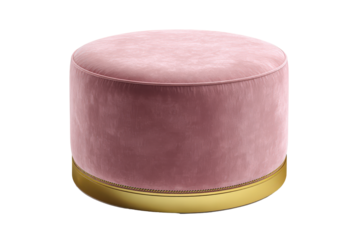 Elegant pink velvet round ottoman with a shiny gold base.