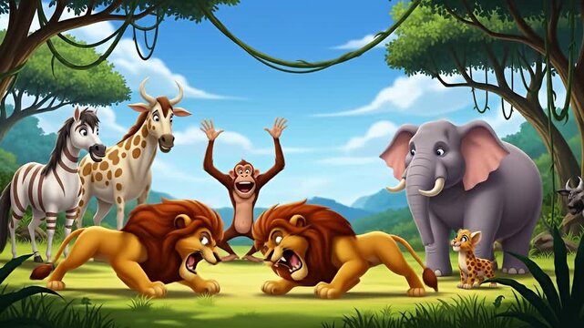 Animated jungle scene shows lions sparring with a monkey, zebra, and elephant observing