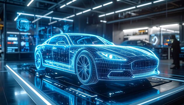 Futuristic car design displayed in a high-tech workshop