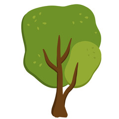 Cute Cartoon Tree with Green Leaves Hand Drawn Style