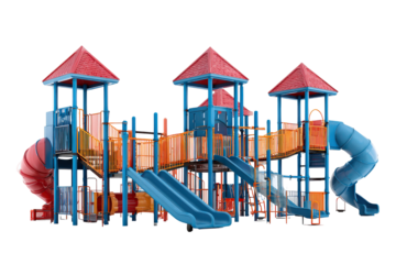 Colorful childrens playground equipment with slides and towers isolated on a white background.