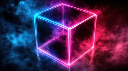 Abstract neon cube in a smoky environment against a dark background conveys a futuristic vibe