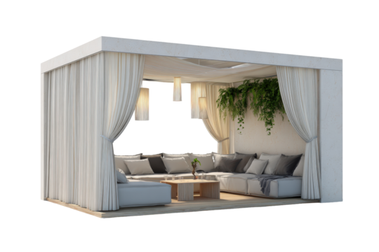Modern white outdoor cabana with comfortable lounge seating.