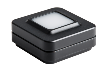 Square black illuminated push button switch isolated on white.