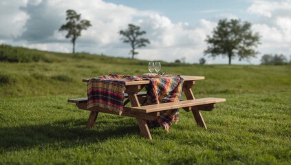 Fototapeta premium Picnic table with picnic blanket draped across.
