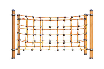 Childrens playground rope climbing net on wooden posts isolated.