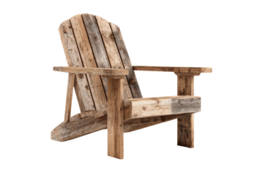 Rustic wooden Adirondack chair made from reclaimed planks isolated on white.