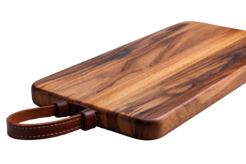 Handcrafted rectangular wood chopping block with a brown leather strap.